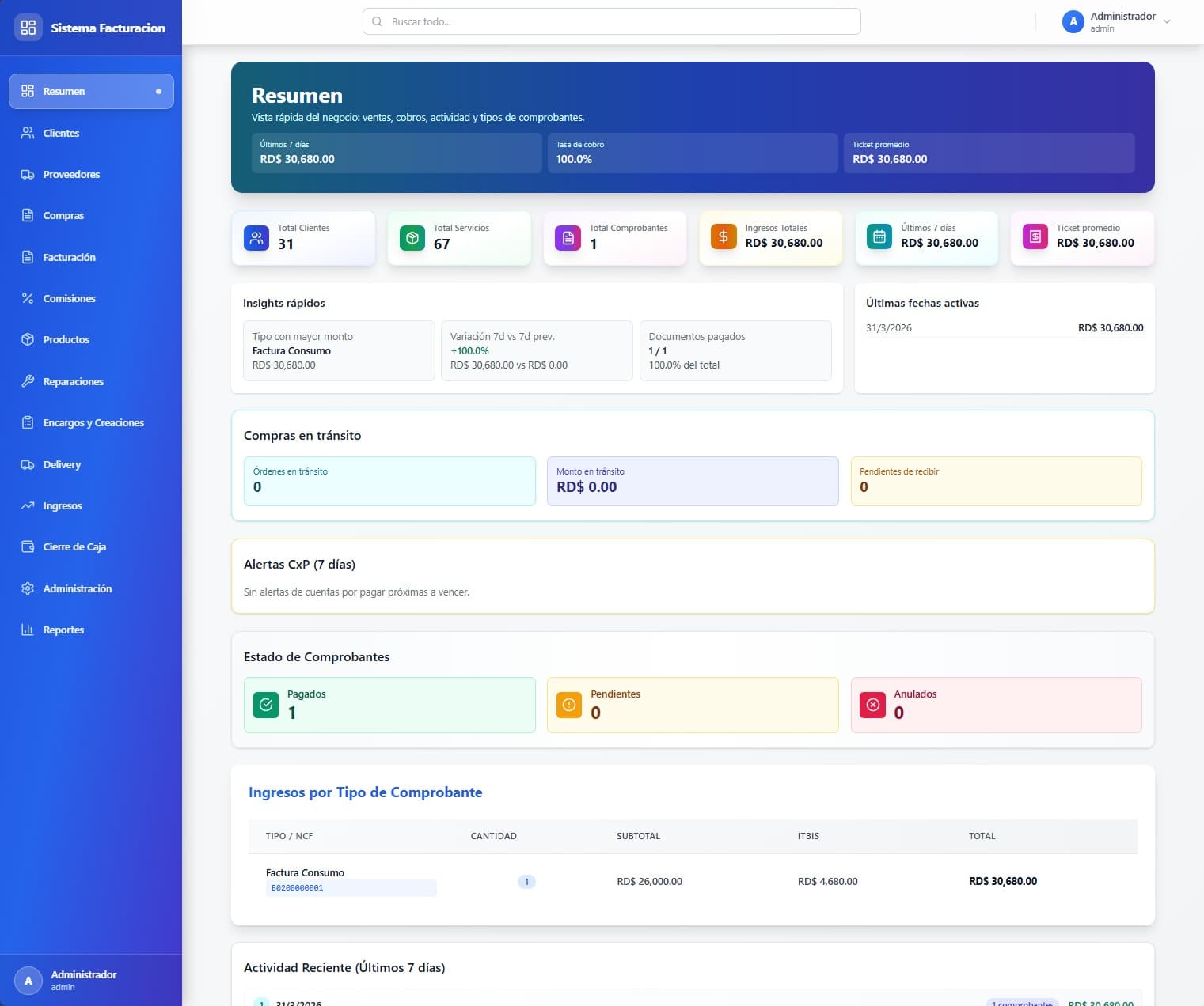 Facturación — vista del panel o flujo principal